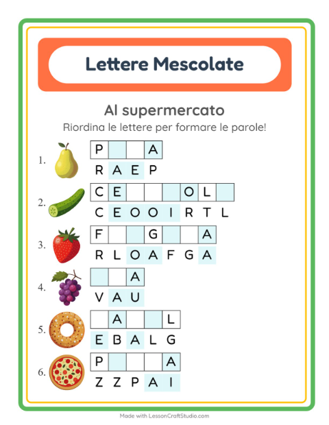 Anteprima della scheda di Anagrammi con Al supermercato per Scuola primaria classe prima