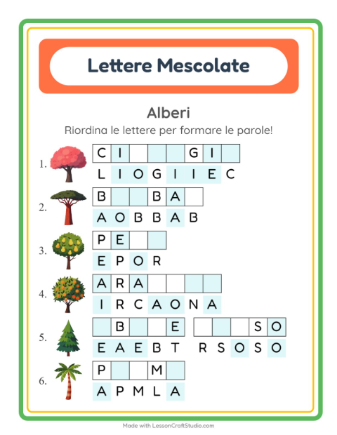 Anteprima della scheda di Anagrammi con Alberi per Scuola primaria classe prima