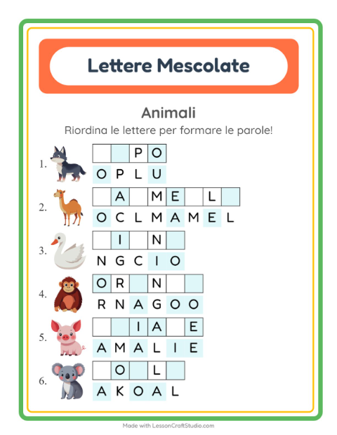 Anteprima della scheda di Anagrammi con Animali per Scuola primaria classe prima