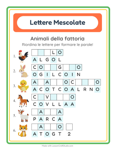 Anteprima della scheda di Anagrammi con Animali della fattoria per Scuola primaria classe prima
