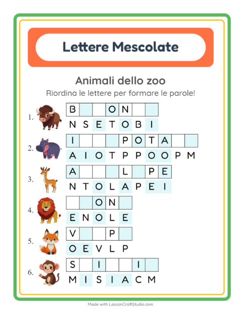 Anteprima della scheda di Anagrammi con Animali dello zoo per Scuola primaria classe prima