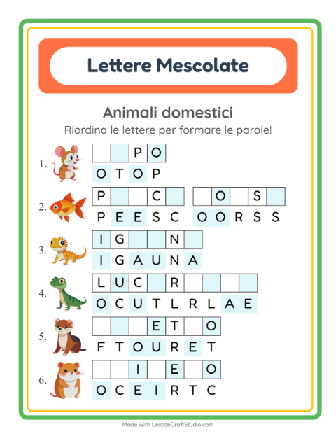 Anteprima della scheda di Anagrammi con Animali domestici per Scuola primaria classe prima