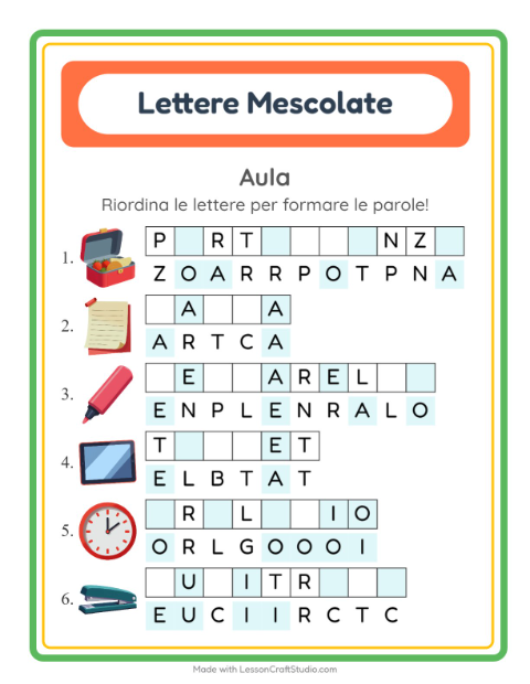 Anteprima della scheda di Anagrammi con Aula per Scuola primaria classe prima
