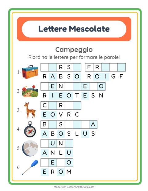 Anteprima della scheda di Anagrammi con Campeggio per Scuola primaria classe prima
