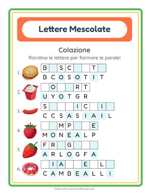 Anteprima della scheda di Anagrammi con Colazione per Scuola primaria classe prima