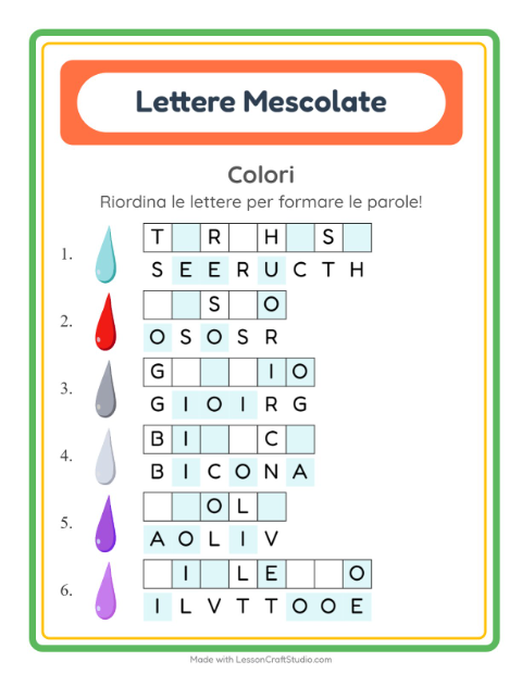 Anteprima della scheda di Anagrammi con Colori per Scuola primaria classe prima