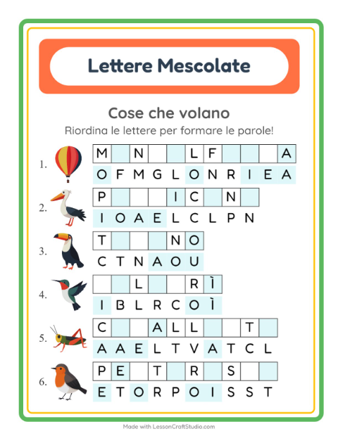 Anteprima della scheda di Anagrammi con Cose che volano per Scuola primaria classe prima