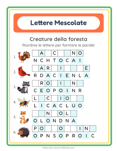 Anteprima della scheda di Anagrammi con Creature della foresta per Scuola primaria classe prima