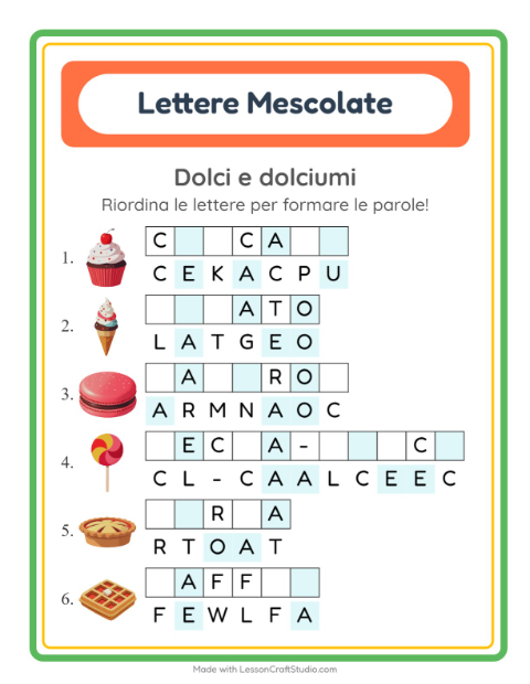 Anteprima della scheda di Anagrammi con Dolci e dolciumi per Scuola primaria classe prima