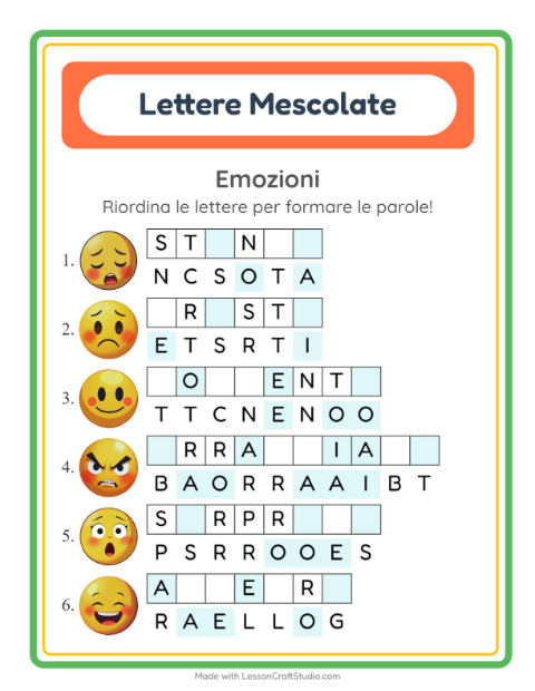 Anteprima della scheda di Anagrammi con Emozioni per Scuola primaria classe prima