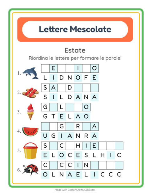 Anteprima della scheda di Anagrammi con Estate per Scuola primaria classe prima