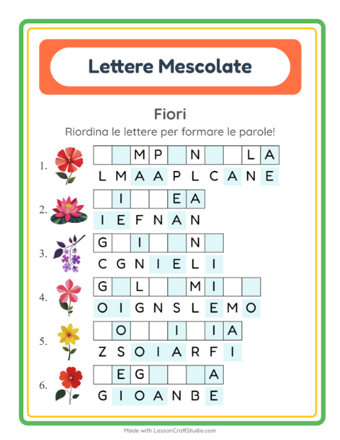 Anteprima della scheda di Anagrammi con Fiori per Scuola primaria classe prima