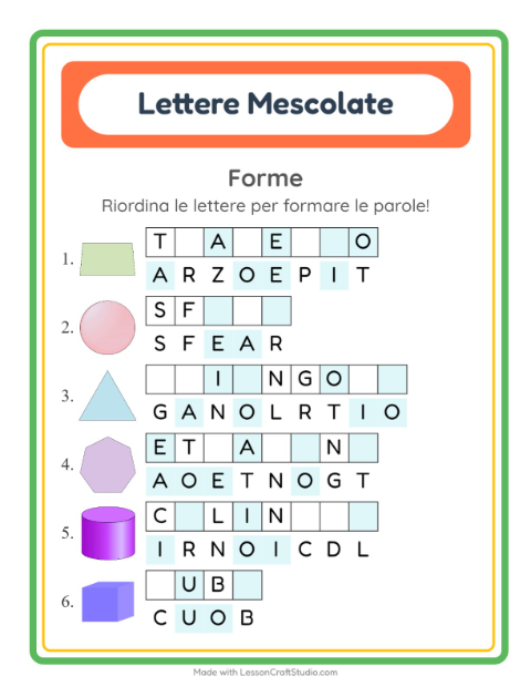 Anteprima della scheda di Anagrammi con Forme per Scuola primaria classe prima