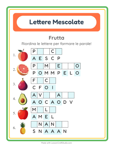 Anteprima della scheda di Anagrammi con Frutta per Scuola primaria classe prima