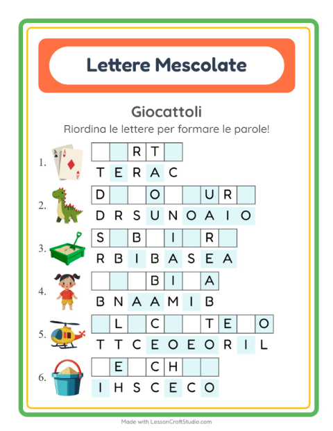 Anteprima della scheda di Anagrammi con Giocattoli per Scuola primaria classe prima