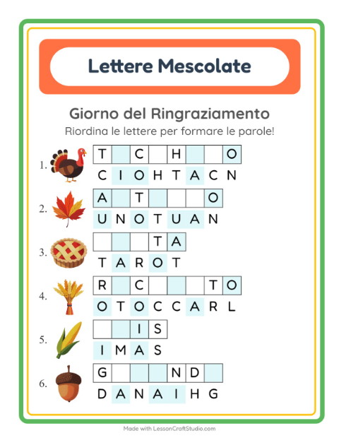 Anteprima della scheda di Anagrammi con Giorno del Ringraziamento per Scuola primaria classe prima