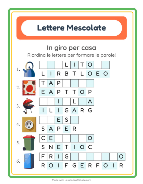 Anteprima della scheda di Anagrammi con In giro per casa per Scuola primaria classe prima