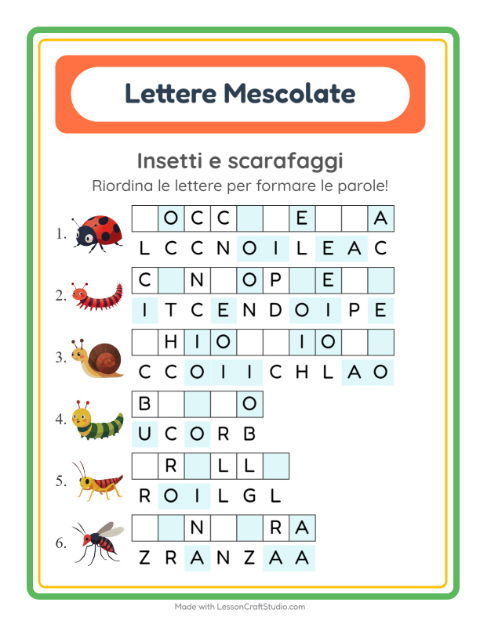 Anteprima della scheda di Anagrammi con Insetti e scarafaggi per Scuola primaria classe prima