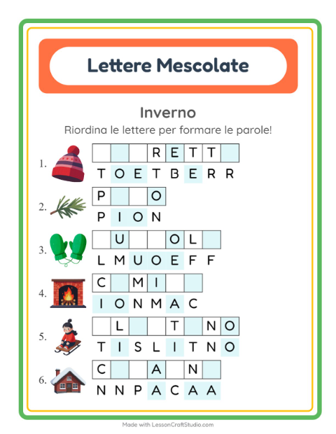 Anteprima della scheda di Anagrammi con Inverno per Scuola primaria classe prima