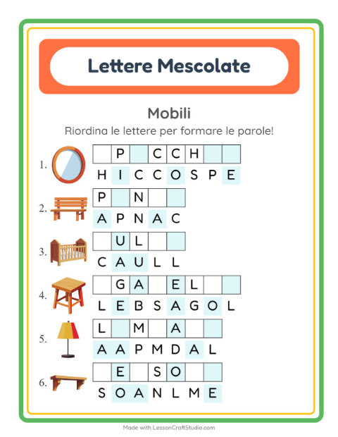 Anteprima della scheda di Anagrammi con Mobili per Scuola primaria classe prima