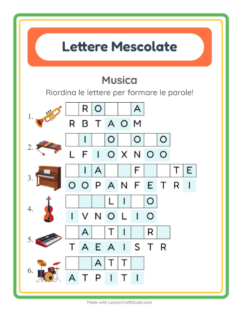 Anteprima della scheda di Anagrammi con Musica per Scuola primaria classe prima