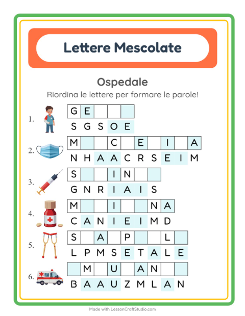 Anteprima della scheda di Anagrammi con Ospedale per Scuola primaria classe prima