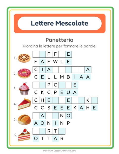 Anteprima della scheda di Anagrammi con Panetteria per Scuola primaria classe prima