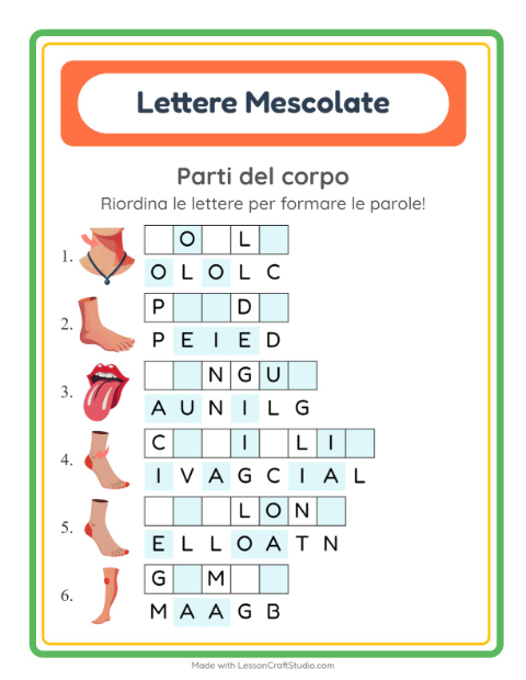 Anteprima della scheda di Anagrammi con Parti del corpo per Scuola primaria classe prima