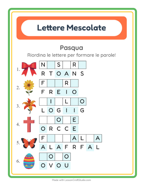 Anteprima della scheda di Anagrammi con Pasqua per Scuola primaria classe prima