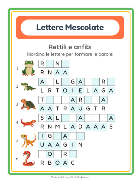 Anteprima della scheda di Anagrammi con Rettili e anfibi per Scuola primaria classe prima