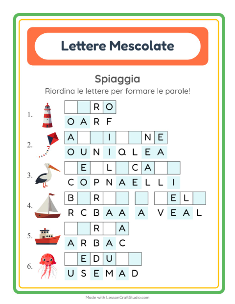 Anteprima della scheda di Anagrammi con Spiaggia per Scuola primaria classe prima