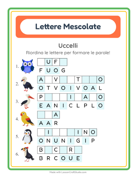 Anteprima della scheda di Anagrammi con Uccelli per Scuola primaria classe prima
