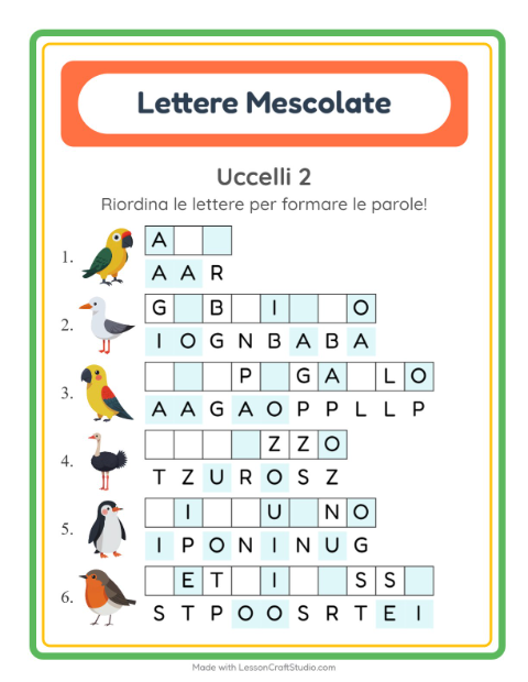 Anteprima della scheda di Anagrammi con Uccelli 2 per Scuola primaria classe prima