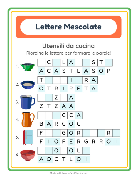 Anteprima di Anagrammi facili con Utensili da cucina – per la classe prima