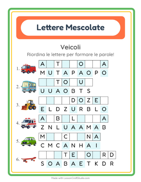 Anteprima della scheda di Anagrammi con Veicoli per Scuola primaria classe prima