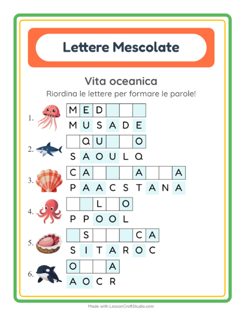 Anteprima della scheda di Anagrammi con Vita oceanica per Scuola primaria classe prima