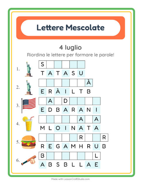 Anteprima della scheda di Anagrammi con 4 luglio per Scuola primaria classe prima