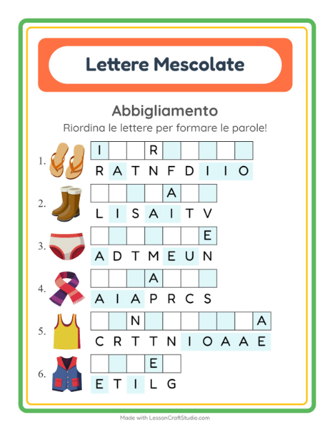 Anteprima della scheda di Anagrammi con Abbigliamento per Scuola primaria classe prima