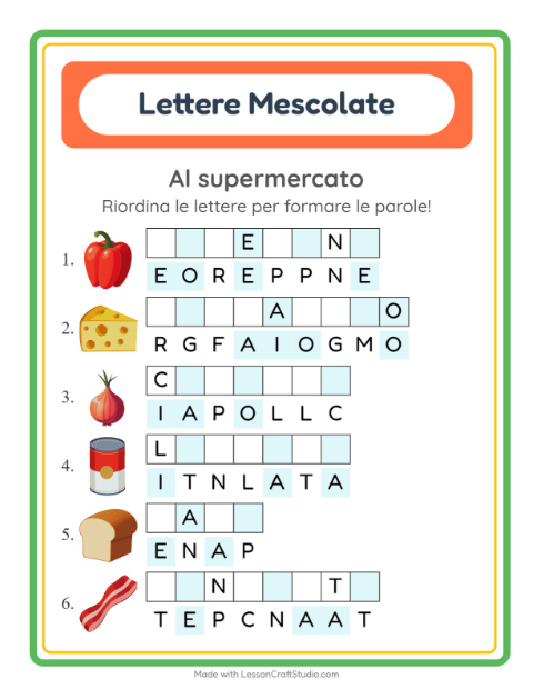 Anteprima della scheda di Anagrammi con Al supermercato per Scuola primaria classe prima