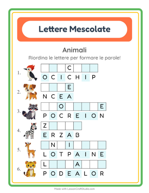 Anteprima della scheda di Anagrammi con Animali per Scuola primaria classe prima