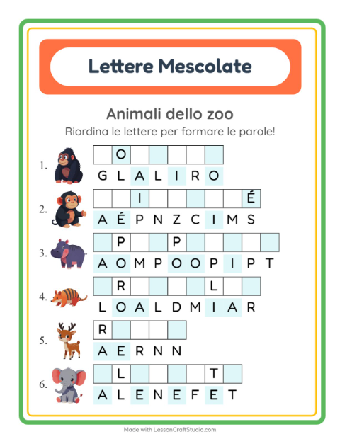 Anteprima della scheda di Anagrammi con Animali dello zoo per Scuola primaria classe prima