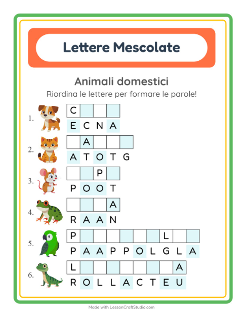 Anteprima della scheda di Anagrammi con Animali domestici per Scuola primaria classe prima