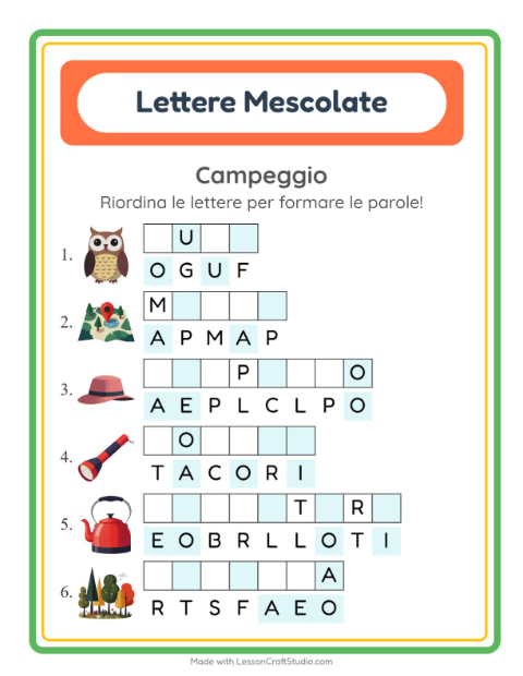 Anteprima della scheda di Anagrammi con Campeggio per Scuola primaria classe prima