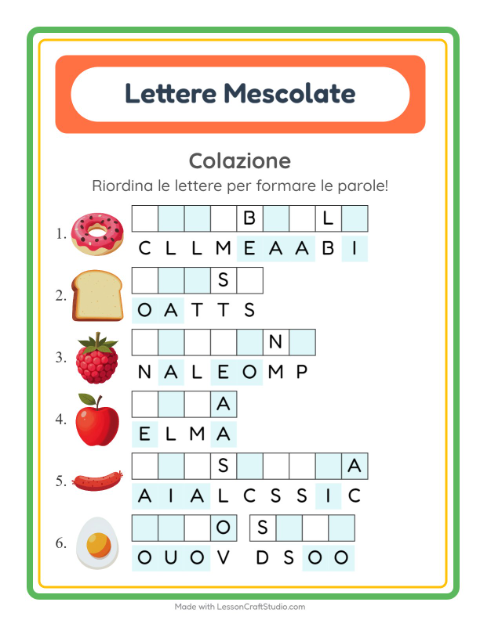Anteprima della scheda di Anagrammi con Colazione per Scuola primaria classe prima