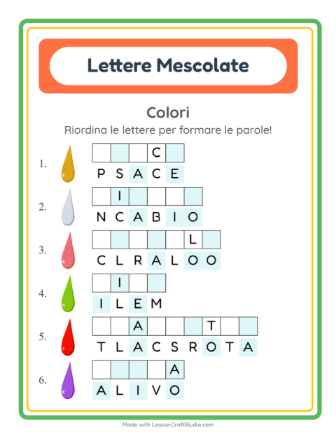 Anteprima della scheda di Anagrammi con Colori per Scuola primaria classe prima