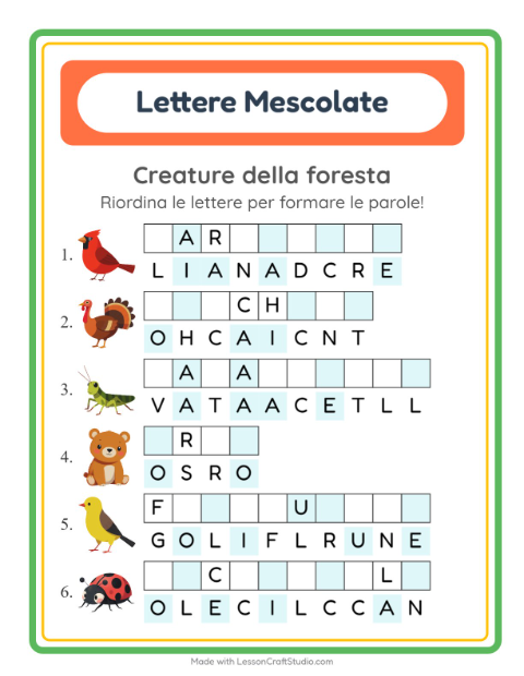 Anteprima della scheda di Anagrammi con Creature della foresta per Scuola primaria classe prima
