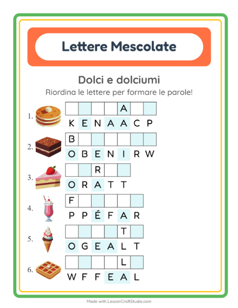 Anteprima della scheda di Anagrammi con Dolci e dolciumi per Scuola primaria classe prima