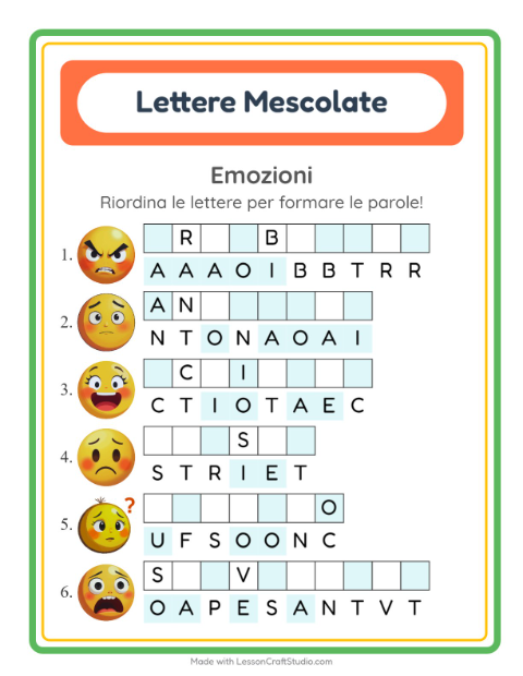 Anteprima della scheda di Anagrammi con Emozioni per Scuola primaria classe prima