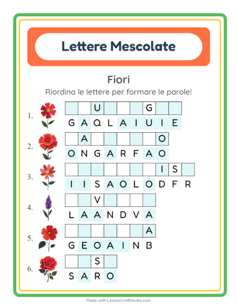 Anteprima della scheda di Anagrammi con Fiori per Scuola primaria classe prima
