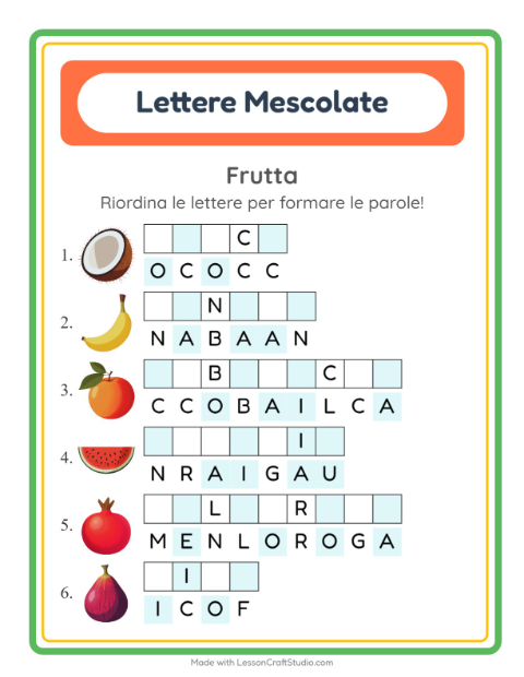 Anteprima della scheda di Anagrammi con Frutta per Scuola primaria classe prima